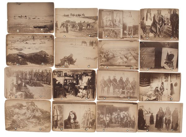 Trager & Kuhn Cabinet Photographs of the Wounded Knee: Trager & Kuhn Cabinet Photographs of the Wounded Knee Massacre, Set of 28 Lot of 28 cabinet card photographs capturing the aftermath of the Wounded Knee Massacre, most by photographers Trager & Kuhn