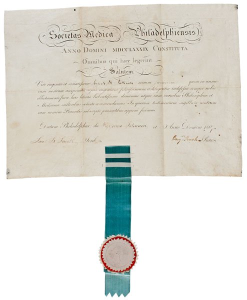 Dr. Robt. M. Patterson, Archive, Benj. Rush Signature: Dr. Robert M. Patterson, Archive Including Documents Signed by Benjamin Rush & Samuel Smith Lot of 3, including: certificate of membership in the Societas Medica Philadelphiensis (Philadelphia Medic