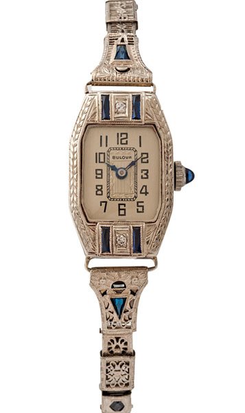 Ladies 14 Karat White Gold Sapphire and Diamond Bulova: Ladies 14 Karat White Gold Sapphire and Diamond Bulova Wrist Watch Ladies 14k white gold Bulova wrist watch ca 1928. Bulova "dust proof" case with two VS2 single cut diamonds and four 4mm x 1.5mm sc