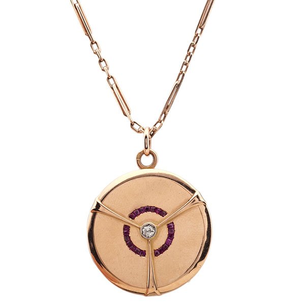 Art Deco 14 Karat Locket with Rubies and Diamond : Art Deco 14 Karat Locket with Rubies and Diamond Ladies 14k rose gold art deco locket with 22 in. rose gold chain containing 21, 1.5mm square rubies and one VS2, G-H color European cut diamond weigh