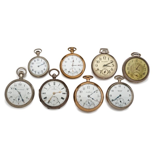 Variety of Open-Face Pocket Watches : Variety of Open-Face Pocket Watches Eight open-face pocket watches from Columbia, Ingersoll, South Bend, John Forrest, New Haven, Hamilton, Ingraham and Hampden. Most are in working condition.