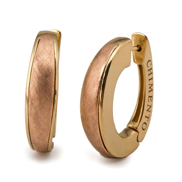 Ladies Chimento Luna 18 Karat Rose and Yellow Gold Hoop: Ladies Chimento Luna 18 Karat Rose and Yellow Gold Hoop Earrings Ladies 18k rose and yellow gold Chimera Luna hoop earrings. 18k yellow gold base with rose gold cross hatch front. Hinged with loc