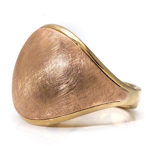 Ladies Chimento Luna 18 Karat Rose and Yellow Gold Dome: Ladies Chimento Luna 18 Karat Rose and Yellow Gold Dome Ring Ladies 18k rose and yellow gold Chimento Luna dome ring with cross hatch finish. Heavy 18k yellow gold shank and base with a rose gold d