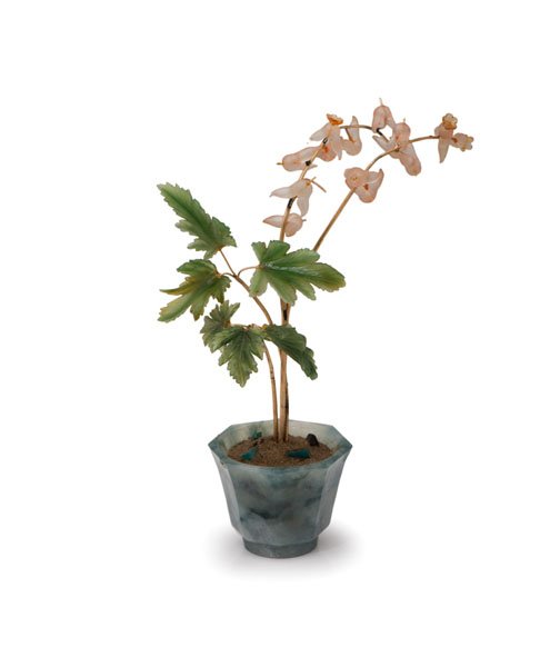 Faberge-Style Bleeding Heart Miniature Flowers : Faberge-Style Bleeding Heart Miniature Flowers Faberge-inspired miniature Bleeding Heart flower pot. Gold stems with rock crystal flowers. Russian nephrite leaves and vase. Gold dust and stone fragm
