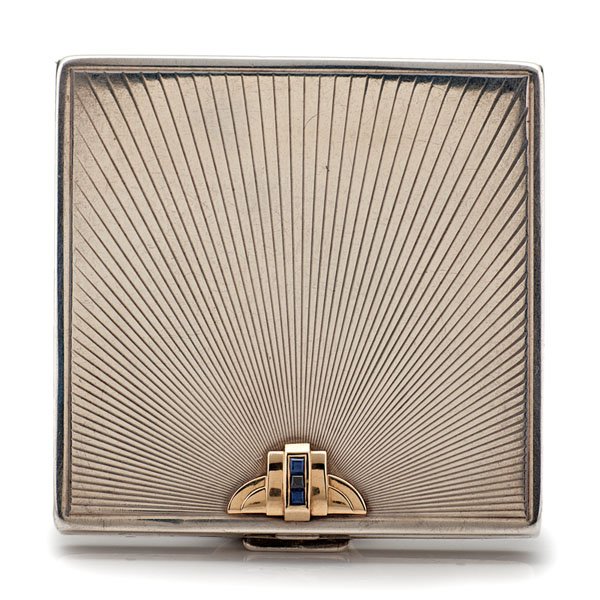 Sterling Silver and 14 Karat Gold Ladies Compact : Sterling Silver and 14 Karat Gold Ladies Compact Ladies sterling silver compact manufactured by Wordley, Allsopp & Bliss of Newark, ca 1920s. 14k gold accent panel with three square sapphires. Wo