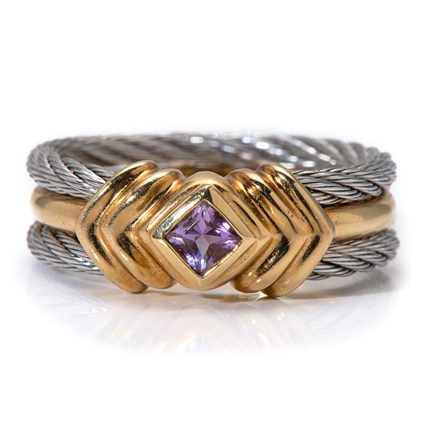 David Yurman 18 Karat and Stainless Steel Amethyst: David Yurman 18 Karat and Stainless Steel Amethyst Ring Ladies 18k yellow gold and stainless steel wire ring containing one 4mm square amethyst set in a bezel. Size 6.25