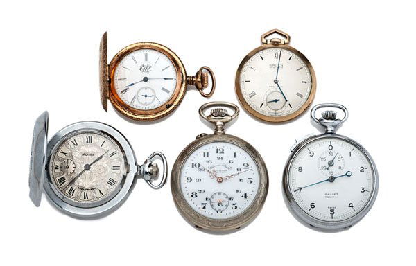 A Mixed Collection of Vintage Pocket Watches : A Mixed Collection of Vintage Pocket Watches Four pocket watches plus a Gallet Decimal stop watch. This group includes a Jean Benoit open-face watch and a Russian-made Molnija with an enameled case