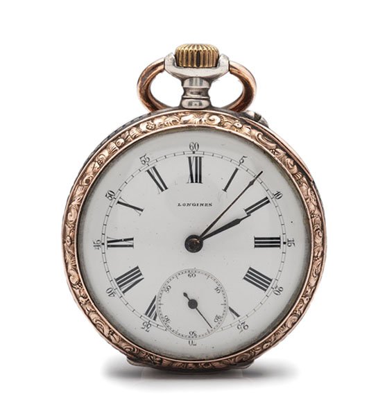 Longines 1889 Grand Prix Open-Face Pocket Watch : Longines 1889 Grand Prix Open-Face Pocket Watch Longines 1889 Grand Prix Paris pocket watch. Silver case with rose gold case back and bezel. Niello case back with engraved dust cover. Grand Prix mo