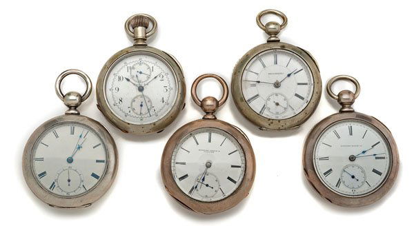 A Group ,of Open Face Mid 1800's Pocket Watches : A Group ,of Open Face Mid 1800's Pocket Watches This collection of five working open faced size 18 pocket watches from manufacturers such as Bridgeport, Continental, Home Watch Co. (Waltham), Ham