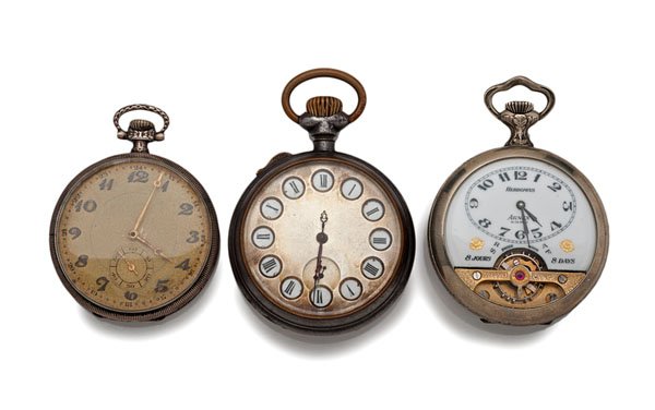 A Trio of Vintage Pocket Watches : A Trio of Vintage Pocket Watches Three vintage open-face pocket watches. One Hebdomas 8-day, one Junghan's in a .900 silver case and a very unique patented lever watch with 24 character changes from