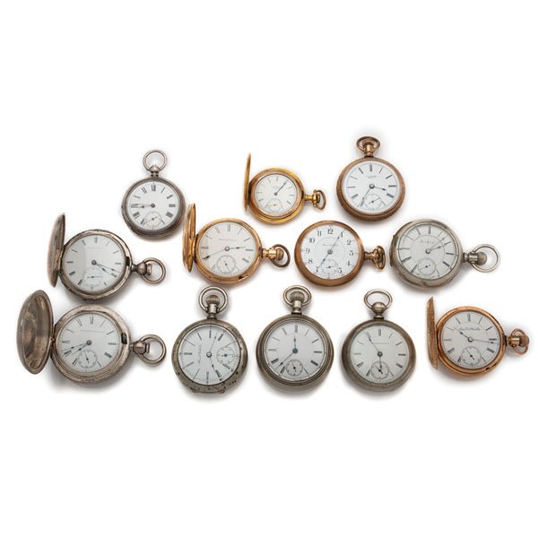 Twelve Late 19th Century Pocket Watches : Twelve Late 19th Century Pocket Watches A group of twelve pocket watches from makers including Elgin, New York Standard, Illinois and H. Samuel. Various case materials including .800 silver. All in