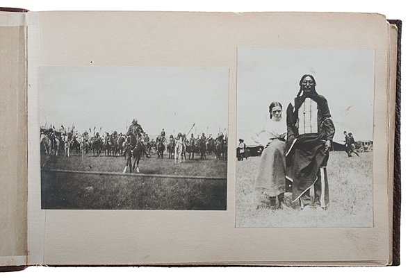 Irma Cody's Wild West Show Album : Irma Cody's Wild West Show Album 6.625 x 9.5 in. paper album with maroon covers, containing 65 photographs, most mounted recto/verso on pages protected by tissue guards. A typed label taped to the a