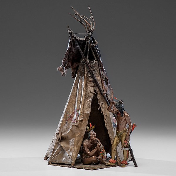 Fine Austrian Bronze Indian Camp by Bergman : Fine Austrian Bronze Indian Camp by Bergman Franz Bergman (Austrian, 1898-1963). A finely cast Austrian bronze teepee, having a pair of attached figures, the bronze cold painted with figural scene