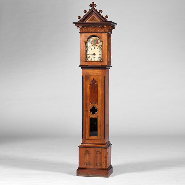 Gothic Revival Tall Case Clock : Gothic Revival Tall Case Clock American case, third-quarter 19th century. A Gothic Revival tall case clock possibly made expressly for the clock, with works that are probably German, having a bright