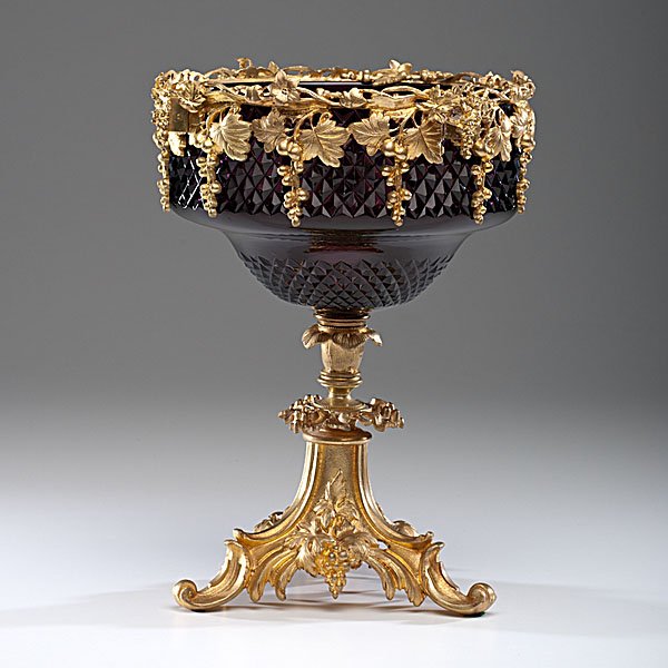 Amethyst Glass Bowl in Foliate Ormolu Mounts : Amethyst Glass Bowl in Foliate Ormolu Mounts Continental, 19th century. Amethyst hobnail pressed glass basin mounted with gilt bronze rim and pedestal in the form of winding grape vines and C scroll