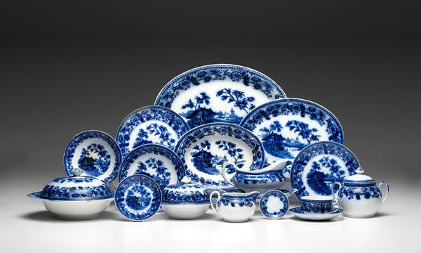 Massive Service of Agra Flow Blue : Massive Service of Agra Flow Blue British. A full service of 92 pieces of flow blue porcelain, each piece marked Agra to underside, platter lg. 16 in.
