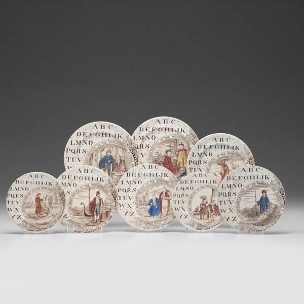 English Nations of the World Alphabet Plates : English Nations of the World Alphabet Plates English, late 19th century. A group of eight pearlware Nations of the World transferware alphabet plates, each with a central reserve depicting a nation,