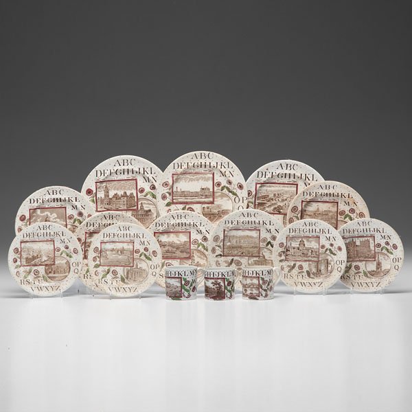 English Famous Places Alphabet Tablewares : English Famous Places Alphabet Tablewares English, late 19th century. A group of fifteen Brownhills Pottery pearlware Famous Places transferware alphabet plates and cups, including twelve plates and
