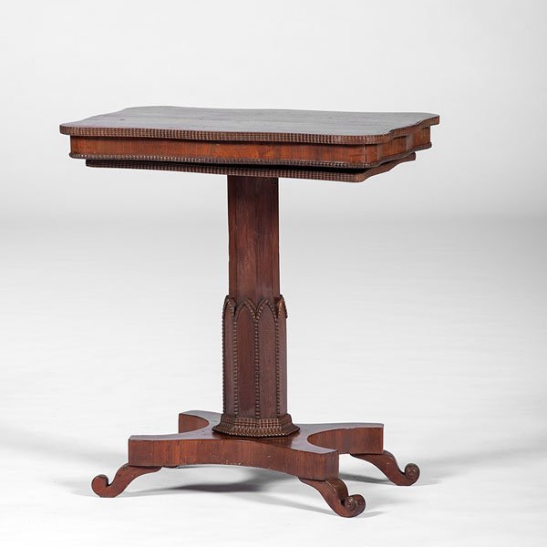 Gothic Revival Serving Table : Gothic Revival Serving Table English, late 19th century. An Edwardian Gothic Revival mahogany serving table which transforms into a three-tiered serving piece, having a serpentine-edge top with bead