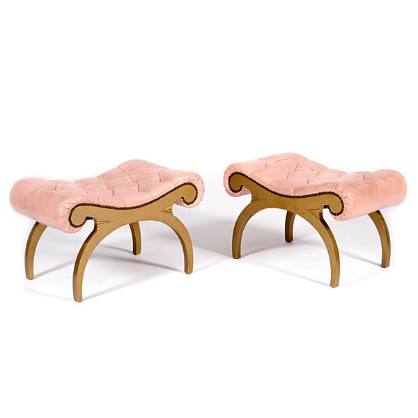 Grosfeld House Tufted Leather Benches : Grosfeld House Tufted Leather Benches American, 1930s -1940s. A pair of Grosfeld House benches with original tufted pink leather and wooden arched supports; ht. 19, wd. 31, dp. 18.5 in.