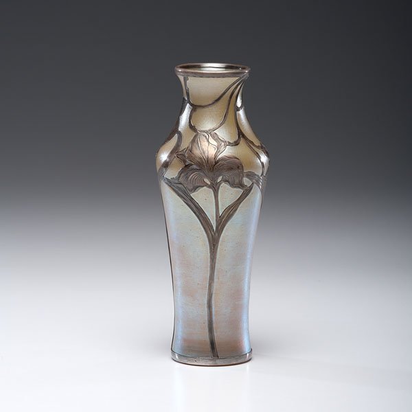 Loetz Silver Overlay Vase : Loetz Silver Overlay Vase Continental, early 20th century. A Loetz silver overlay "Candida Siberiris" vase with gold iridescence and silver overlay of engraved irises, marked at base, on silver, 9