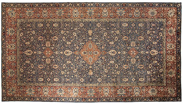 Agra Palace-size Rug : Agra Palace-size Rug Indian, early 20th century. A magnificent palace-sized Persian design Agra rug, the Persian design featuring small medallions overlaid on a deep indigo blue field with an overa