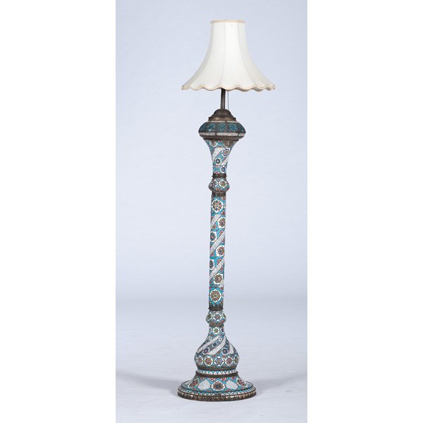 Middle Eastern-Style Enameled Floor Lamp : Middle Eastern-Style Enameled Floor Lamp A Middle Eastern-style floor lamp of enamel over brass, on a circular base, having two light sockets and off-white fabric shade; ht. 74 in.