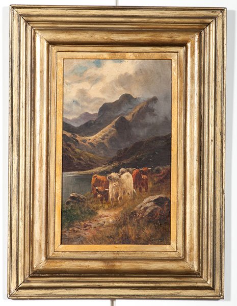 Cattle Scene by William Langley : Cattle Scene by William Langley William Langley (British, 1852-1922). Oil on canvas. The painting depicts three four cows in a mountainous landscape by a stream. 11.25 x 19.25 (sight). Signed l.r.