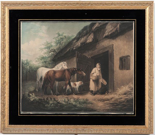 Hand Colored Engravings After George Morland : Hand Colored Engravings After George Morland English, 19th century. A pair of hand colored engravings after works by George Morland. Each in frames with églomise borders; plate sizes, 18.5 x 21.5