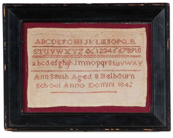 Samplers, Anne Smith 1842 and Elizabeth 1845 : Samplers, Anne Smith 1842 and Elizabeth 1845 English, 19th century. Two samplers, the first with upper and lower case alphabet lines separated by a row of numbers, signed Ann Smith Aged 8 Melbourn /