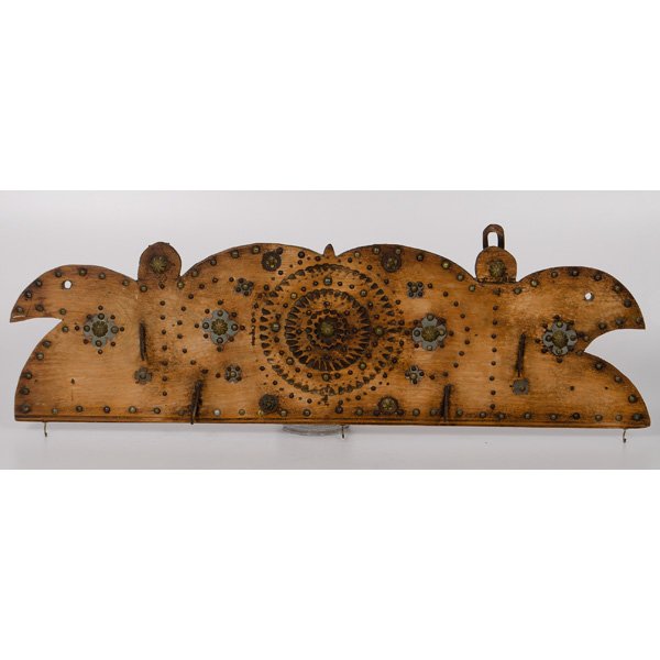 Brass-Studded Meat Rack : Brass-Studded Meat Rack Continental, late 18th-early 19th century. A wooden meat rack with a shaped top and a molded base, having a series of central chip-carved medallions surrounded by brass tacks