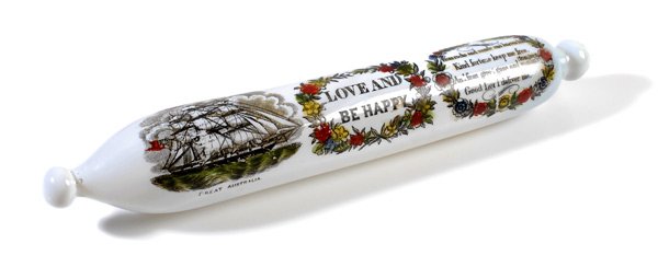 Opaline Glass Sailor's Whimsy : Opaline Glass Sailor's Whimsy English, 19th century. A free blown fiery opaline glass in the form of a hollow-bodied rolling pin with sheared end. Polychrome transfer-decorated with three medallions