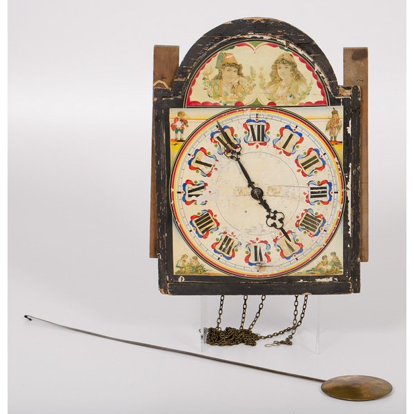 German Bird Cage Clock : German Bird Cage Clock German, 19th century. A polychrome-decorated clock with dial mounted in front of a wood case housing movement, with pendulum; ht. 16, wd. 13 in.