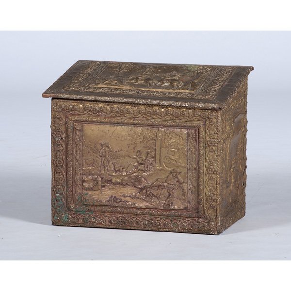 Brass Embossed Kindling Box : Brass Embossed Kindling Box Possibly English. A kindling box with a hinged slant lid, the wood body covered in brass ornately embossed with figures and dogs relaxing in nature; ht. 23.25, wd. 28, dp