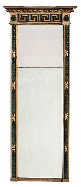 Regency Pier Mirror : Regency Pier Mirror English, ca 1810. A gilt and painted wood pier mirror in the Regency style surmounted by molded cornice having ball, shell and Greek key decoration and flanked by columns of bund