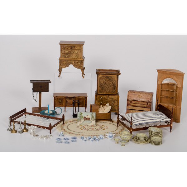 Wooden Dollhouse Furniture and Accessories : Wooden Dollhouse Furniture and Accessories English, late 19th-early 20th century. An assembled group of dollhouse furniture and accessories, includes English sideboard, paneled desk, highboy and sec