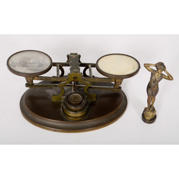 James Howell & Co. Bronze Letter Scale, Bronze Figural: James Howell & Co. Bronze Letter Scale, Bronze Figural Seal English, mid 19th century. A bronze letter scale, the balance having two circular trays one of which retains a miniature painting of a pal