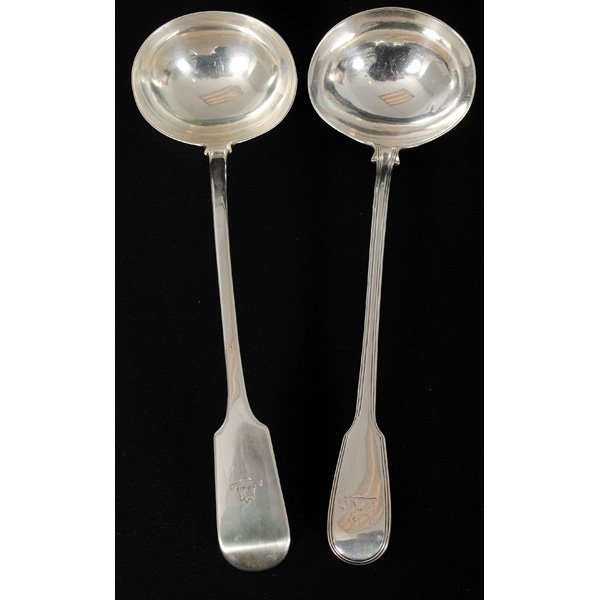 English Sterling Ladles : English Sterling Ladles English, 19th century. Two sterling silver ladles, both bearing crests to the handles, one in the Fiddle Thread pattern, with marks for London, dated 1841, and with maker's m