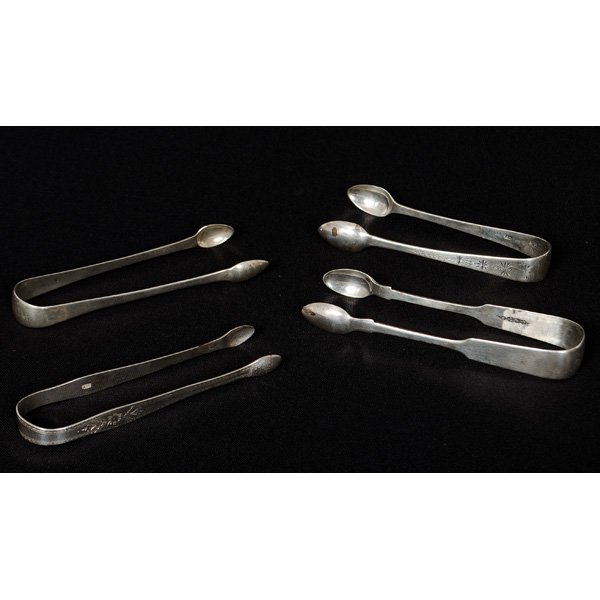 English Sterling Tongs : English Sterling Tongs English, 18th and 19th centuries. An assembled group of four sterling silver tongs, one marked for London and with maker's mark HB for Hester Bateman, one marked for Newcastle