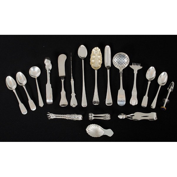 Sterling Silver and Coin Silver Flatware, Plus : Sterling Silver and Coin Silver Flatware, Plus An assembled group of fourteen-pieces of sterling silver and coin silver flatware, including sterling silver tongs by Christofle, an English sterling