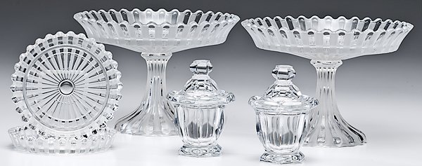 Baccarat Cake Stands and Condiment Jars : Baccarat Cake Stands and Condiment Jars French, 20th century. An assembled group of Baccarat glass, consisting of two pressed glass cake stands with two base dishes and two crystal lidded condiment 