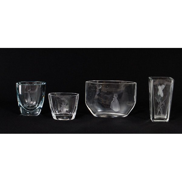 Orrefors Crystal Vases, Plus : Orrefors Crystal Vases, Plus Swedish, 20th century. An assembled group of etched Orrefors crystal vases, including A Wish to the New Moon vase by Arthur Roos, in a flattened oval form, the front wit