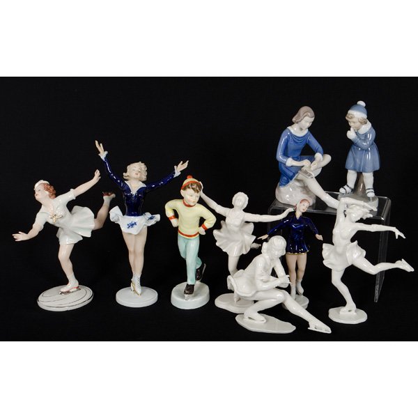 Large Lot of European Porcelain Ice Skaters : Large Lot of European Porcelain Ice Skaters Lot of nine includes Royal Copenhagen (2), Royal Worcester, German Democratic Republik, Hutschenreuther (2), Schausach Kuntz, Royal Dux and one marked mad