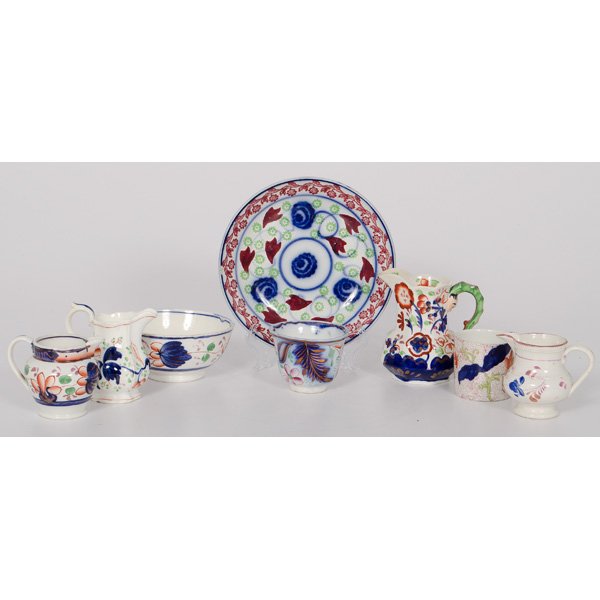 Gaudy Ironstone and Pearlware Pieces, Plus : Gaudy Ironstone and Pearlware Pieces, Plus English. An assembled group of seven Gaudy Welsh and lustre ware pieces, including one pitcher with the transfer label Allerton's Est. 1831, three smaller