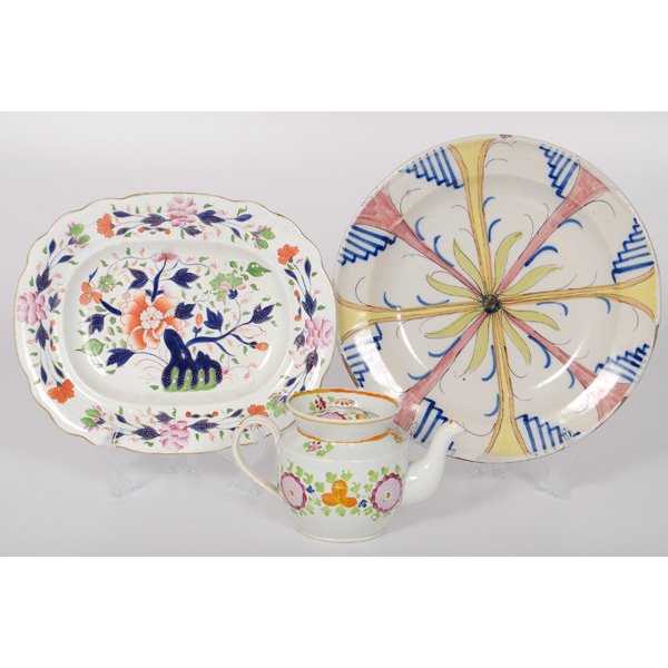 English Pearlware Pitcher, Plus : English Pearlware Pitcher, Plus English, 19th century. A pearlware pitcher decorated with floral motifs using polychrome enamels, PLUS a gaudy English porcelain platter, unmarked but possibly Coalpo