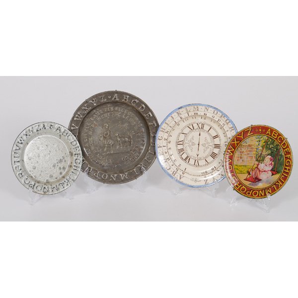 Transferware Alphabet Plate, Plus : Transferware Alphabet Plate, Plus English, 19th century. A transferware alphabet plate, marked Patented Jan 31st 1882 / School Plate and with British registry mark, PLUS three metal alphabet plates,