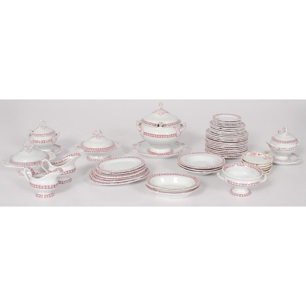 Child's English Ironstone Partial Dinner Service : Child's English Ironstone Partial Dinner Service English, 19th century. A forty-eight piece child's ironstone partial dinner service, with red transfer decoration, comprising a large covered tureen
