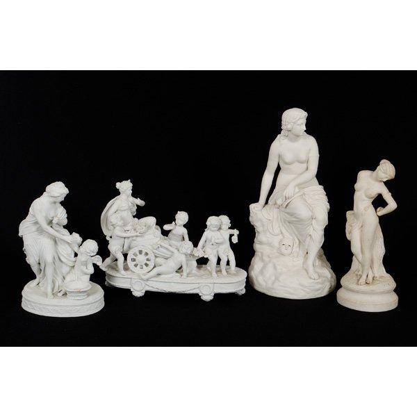 Parian Classical Figures : Parian Classical Figures English and possibly Continental, 19th century. A group of four Parian statuettes depicting women in classical drapery, one of which has a chariot surrounded by children and
