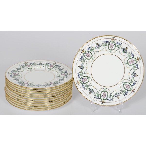 Minton Adam-style Dinner Plates : Minton Adam-style Dinner Plates English, 20th century. Set of twelve Minton dinner plates with floral swag design, retailed by George Watts of Milwaukee, Wisconsin. Marked on bottom with RdNo 608547