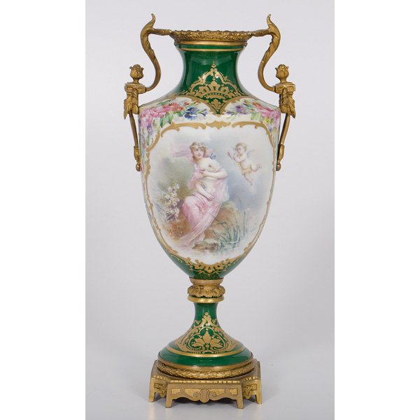 Sevres-Style Vase with Ormolu Mounts : Sevres-Style Vase with Ormolu Mounts French, 19th-early 20th century. An ormolu-mounted Sevres-style porcelain pomme verte ground vase painted with idealized classical figures, the obverse with gilt